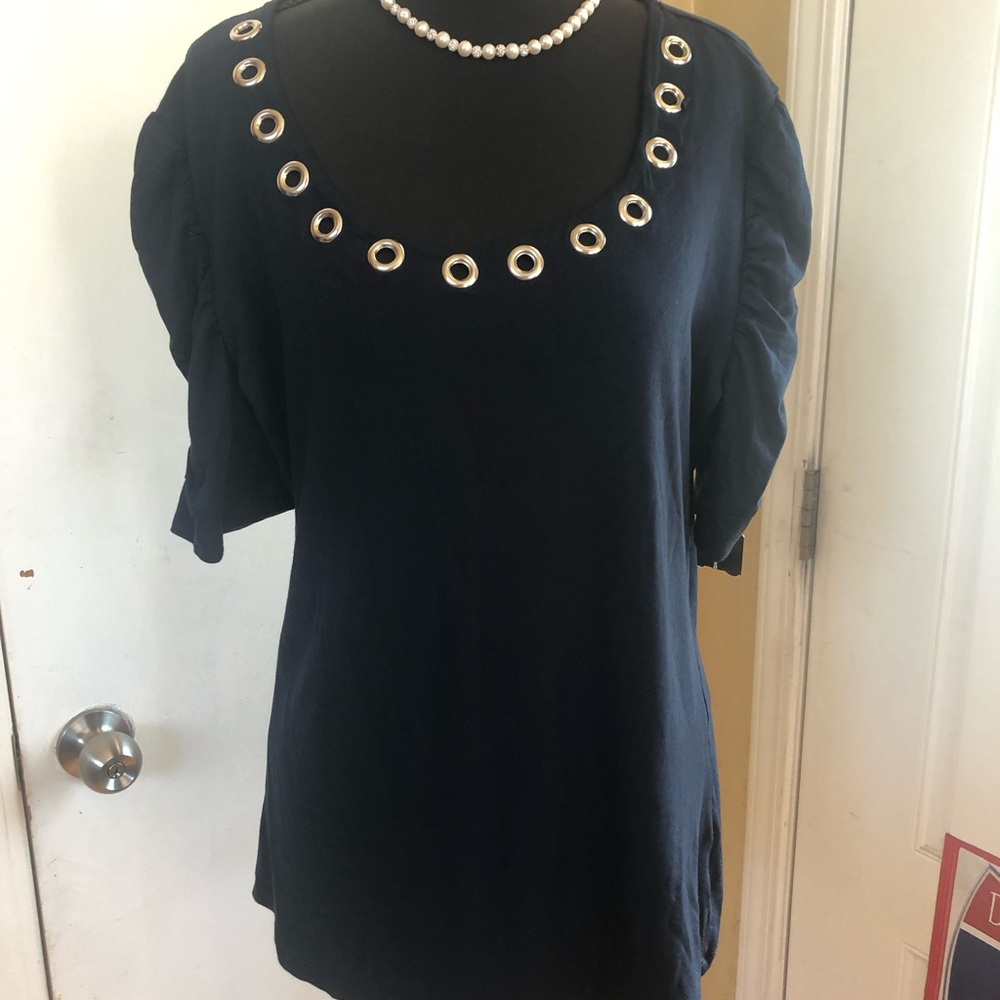 INC International Concepts Navy Scoop Neck Top with Grommet Trim